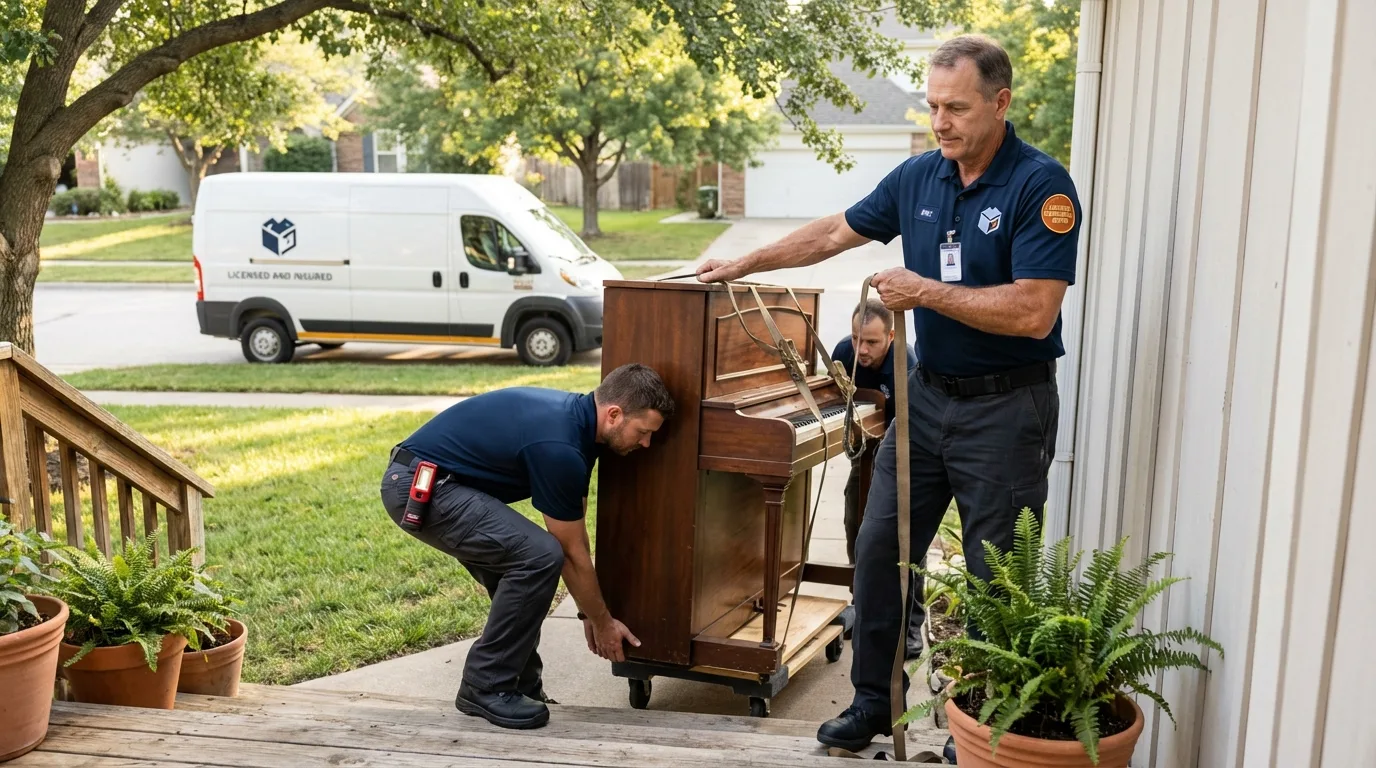 Licensed piano movers securing grand piano in Chadron, NE