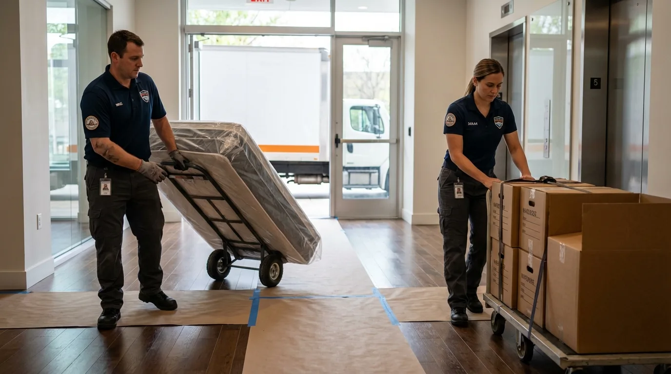 Professional apartment movers loading elevator in Chadron, NE